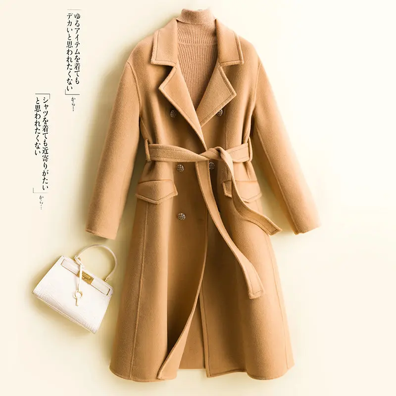 

Женское двубортное кашемировое пальто, свободное шерстяное двубортное пальто средней длины, Осень-зима 2023