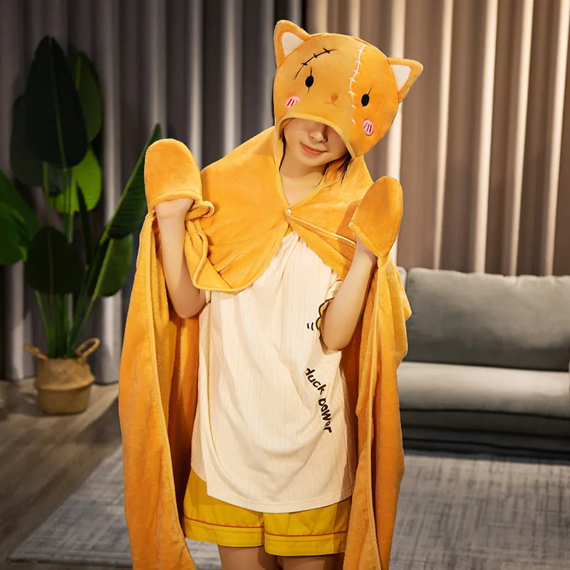 Creative cute animal cape air-conditioning blanket hooded windproof cape double-layer thickened flannel blanket nap blanket