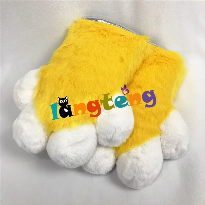 Y11 Funny Fursuit Paws Furry Partial Cosplay Yellow Fluffy Claw Gloves Costume Lion Bear Props for Kids Adults