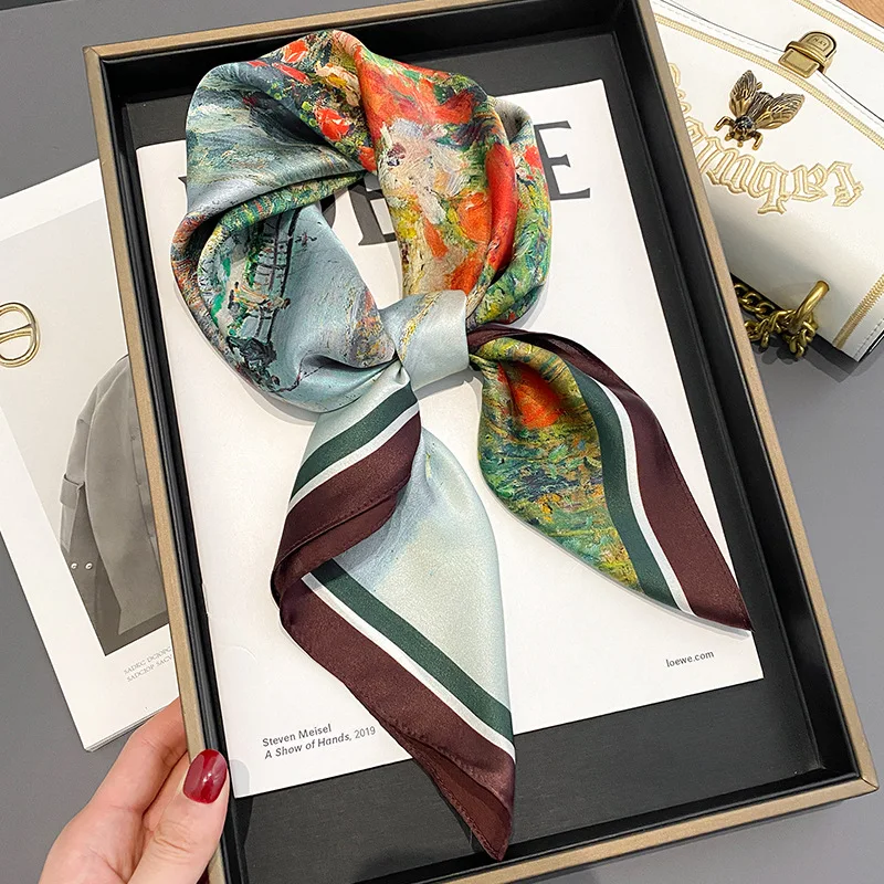 

2022 Spring New Oil Painting 70 Silk Square Scarf Female Professional Scarf Small Scarf Decorative Shawl Mulberry Silk Scarf