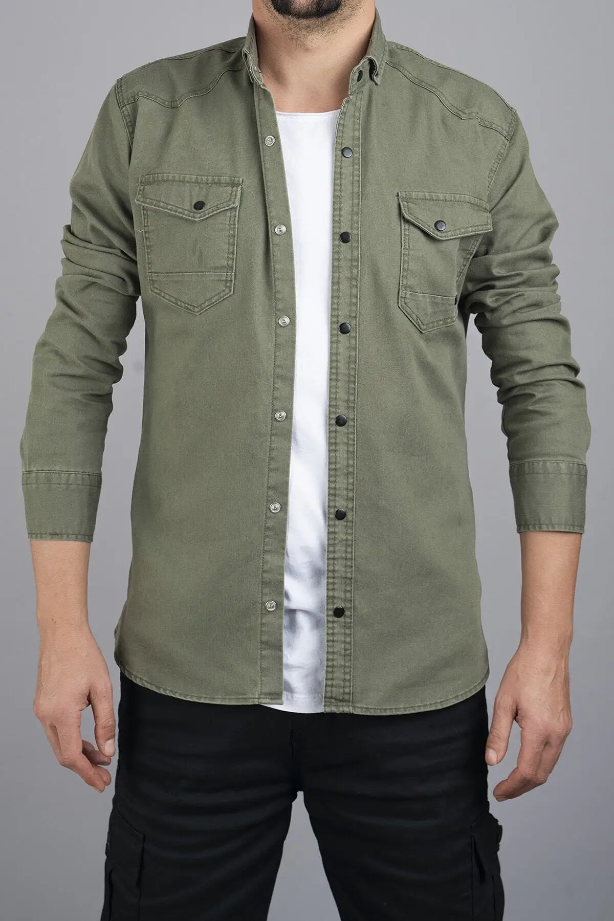 Slim Fit Men 'S Jeans Shirt Green