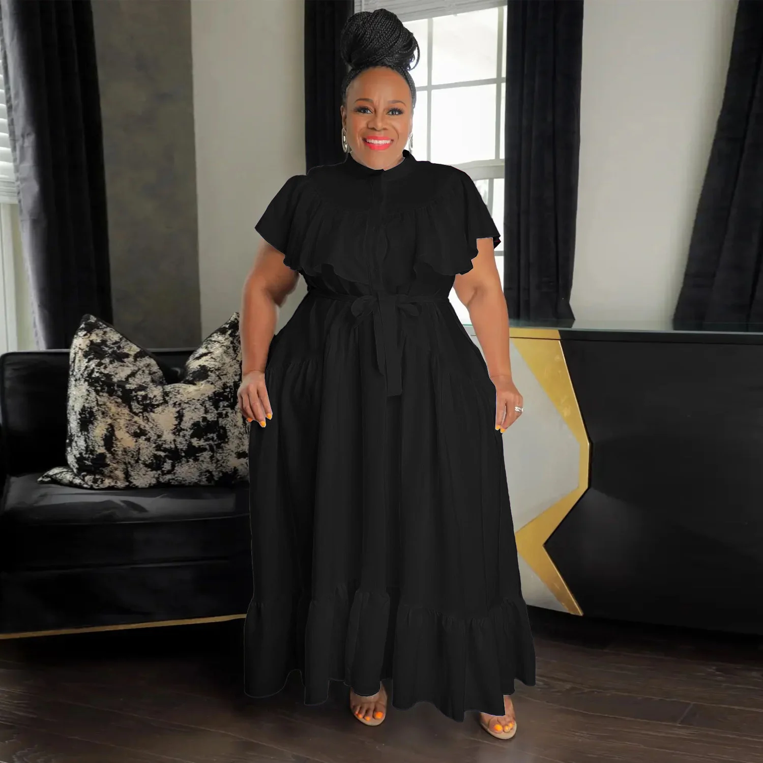 

Plus Size Female Dresses Fashion Sexy Straps Button Pleated Dress Large Size Women Casual Solid Color Short Sleeve Loose Dress