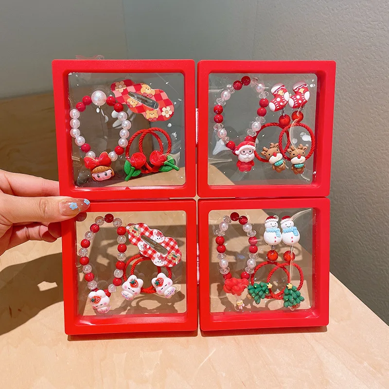 

Cute Children Hair Accessories Set Cartoon Snowflake Elk Hair Rope Plush Hairclips Red Beads Crystal Bracelet Kid Christmas Sets