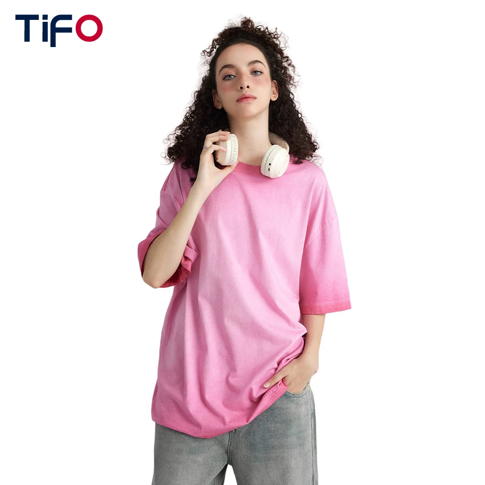 

Gradient Dyed Crew Neck Short Sleeve Tops Women Retro Loose Washed Boyfriend Style Oversize T-Shirt