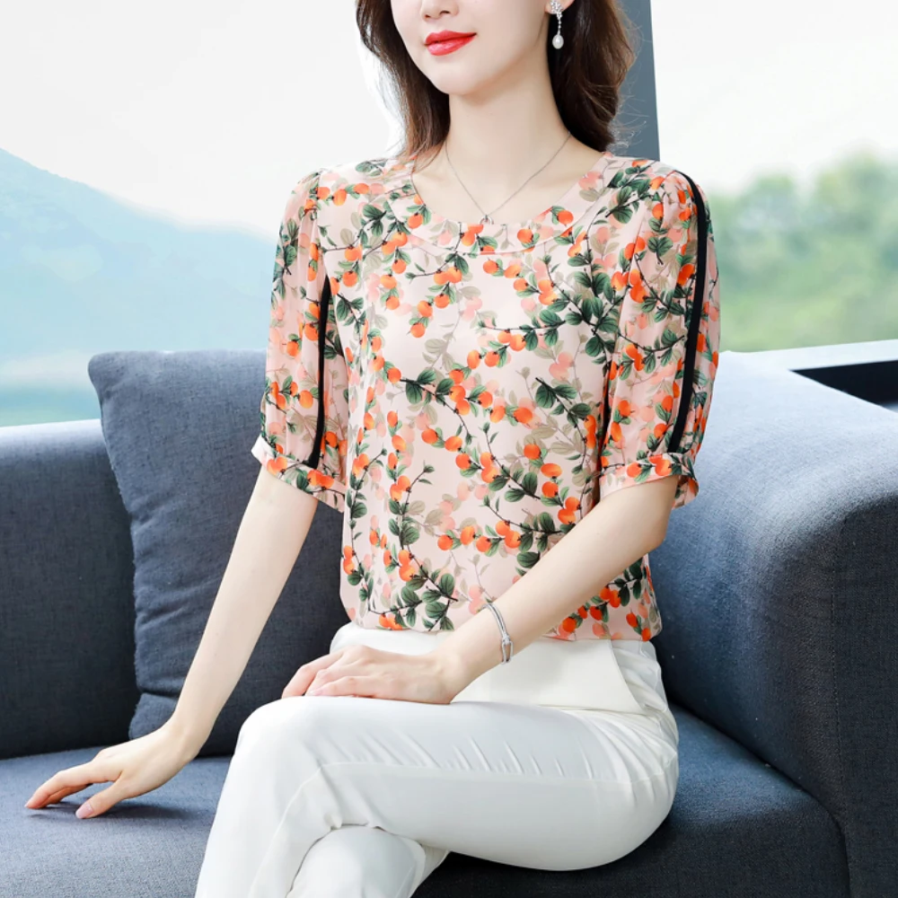

Elegant Women's Shirts Summer Retro Chiffon Round Collar Casual Tops 2022 New Printed Shirts Women