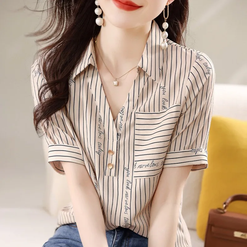 

Chiffon Women's Shirt Summer 2023 New Stripe Blouses Loose Short Sleeves Polo-neck Top Ladies Casual Clothing YCMYUNYAN