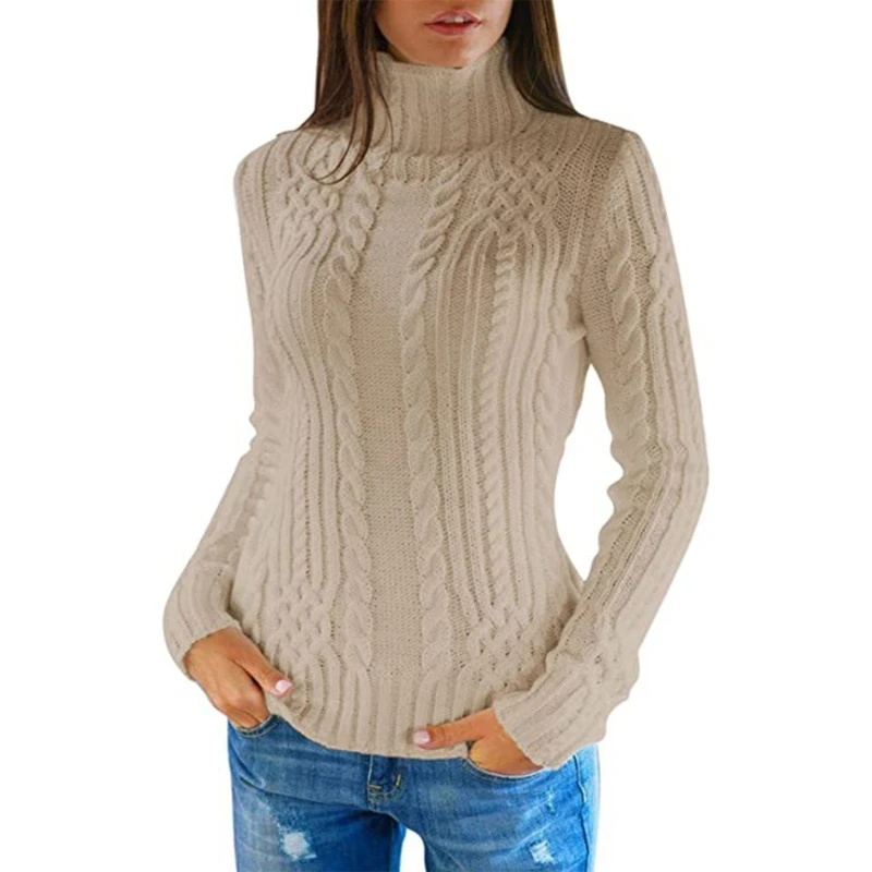 

Autumn Turtleneck Sweaters for Women Cable Knitted Thick Warm Slim Fitted Fashion Pullover Top Solid Color Basic Shirts