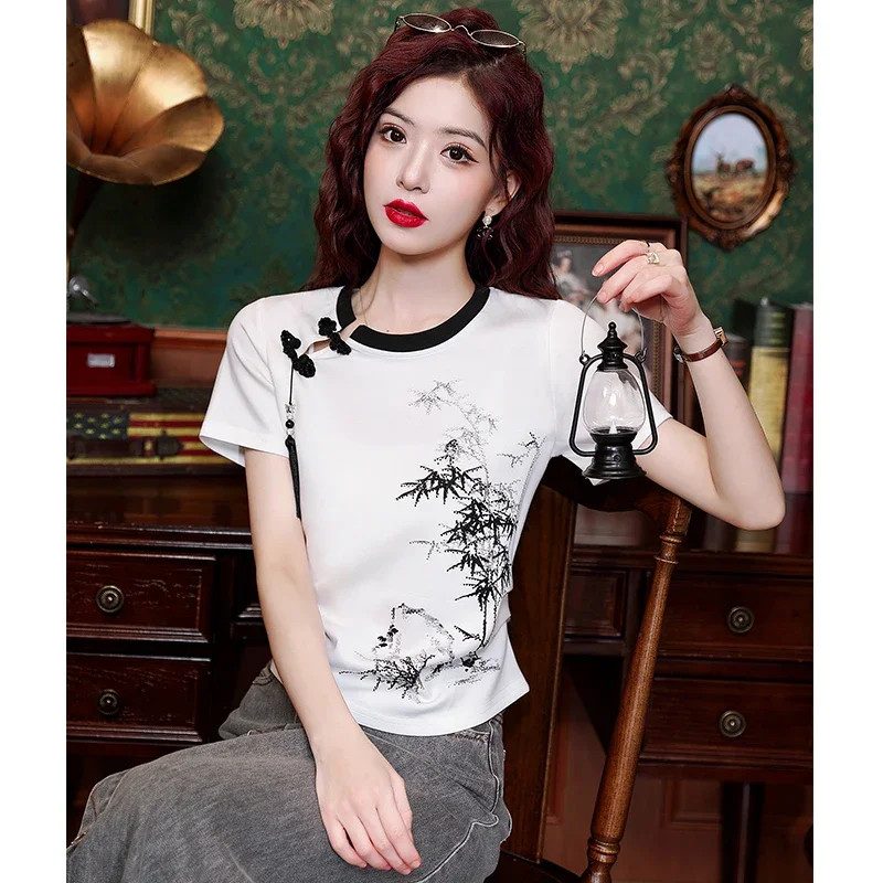 Женская блузка с коротким рукавом и круглым вырезом в китайском стиле