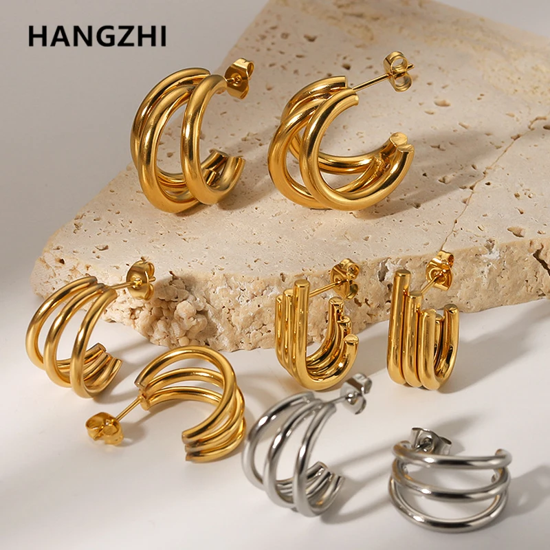 HangZhi 2023 новые витые трехслойные C-образные серьги-гвоздики из нержавеющей стали