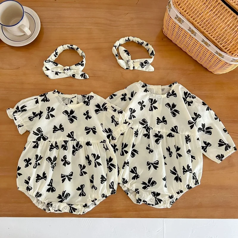 

Spring and Summer Newborn Baby Clothes Baby Girl Cotton Sweet Bow Printed Ha Clothes One Year Old One-piece Climbing Bodysuit