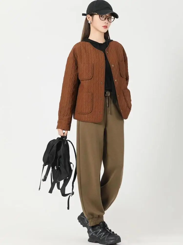 Girdear Amashi Zheng 2024 осенне-зимняя одежда с карманами и круглым вырезом хлопковая