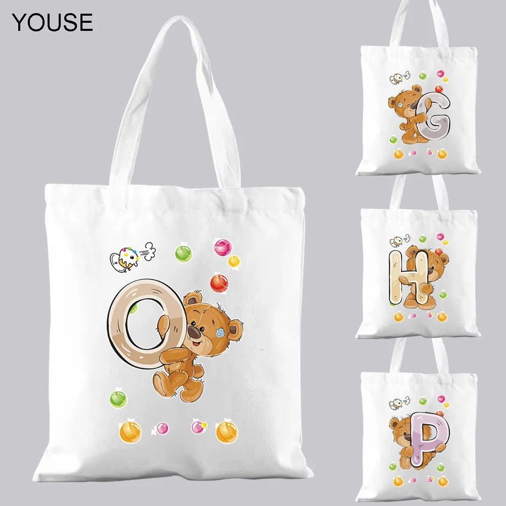 

YOUSE Women White Shopping Bag Casual Handbag r Teddy Bear Letter Pattern Printed Canvas One-shoulder Tote Bag Reusable