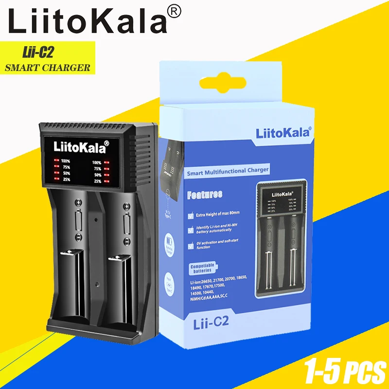 

1-5 шт., умное зарядное устройство LiitoKala Lii-C2 18650 для аккумуляторов 21700/26650/18350/16340/AA/AAA 18500 в 3,7 в Ni-MH Ni-Cd