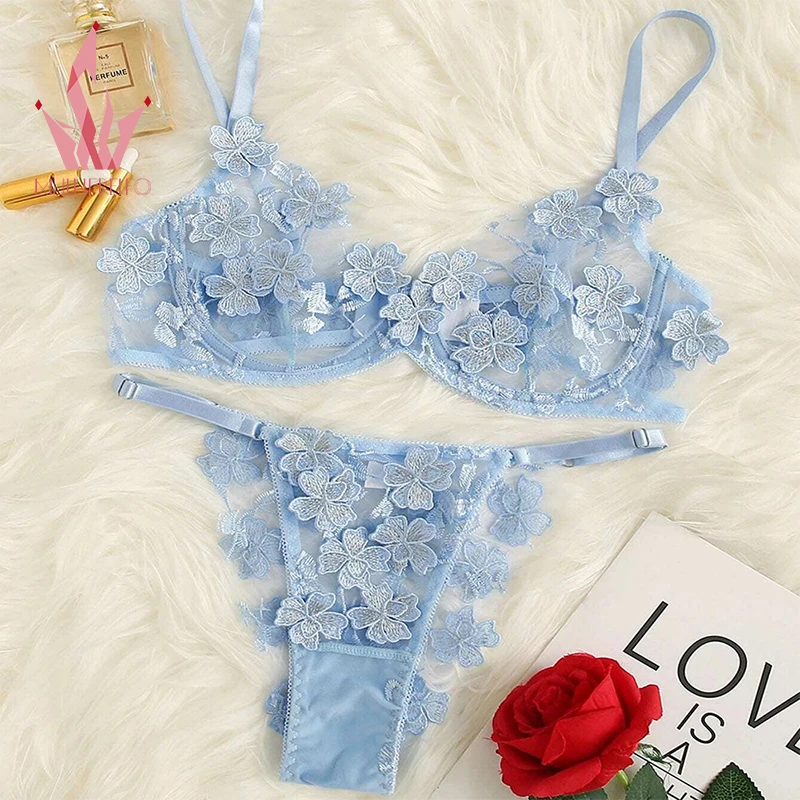 

Exotic Lace Floral Appliques Lingerie Women Underwear Set Sexy Mesh Patchwork Underwire Push Up Seamless Bras Panties 2 Pcs Sets