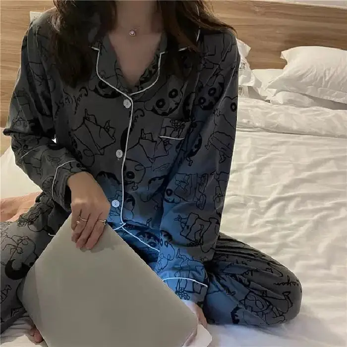 Cotton Pajamas Women Summer Long-sleeved Trousers Two-piece Suit Women's Satin Loose Printed Home Wear Casual Fashion Pajamas