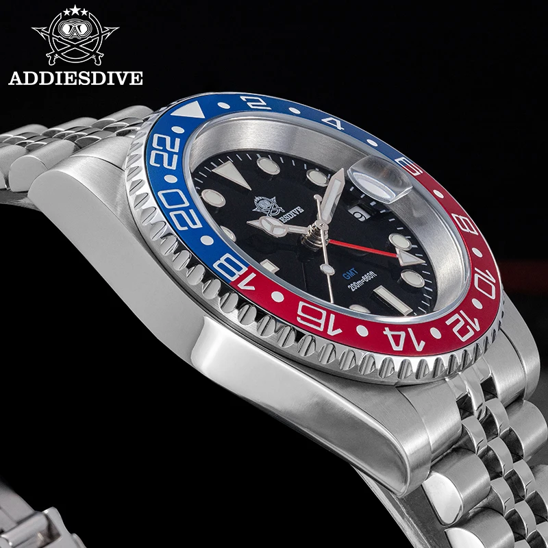 Фото Мужские часы ADDIESDIVE GMT 515-24H с двумя часовыми поясами, водонепроницаемые до 200 м, с керамическим безелем, люминесцентной подсветкой BGW9, из стали 316L, кварцевые. №4