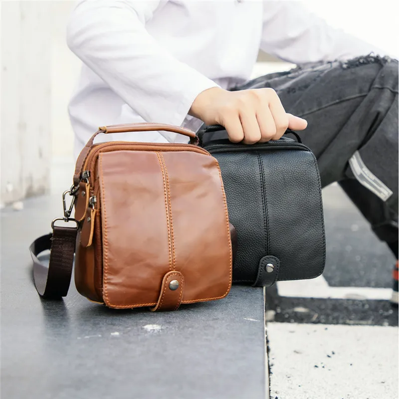 Retro fashion high quality natural real leather men small mini handbag outdoor daily weekend mobile phone shoulder messenger bag