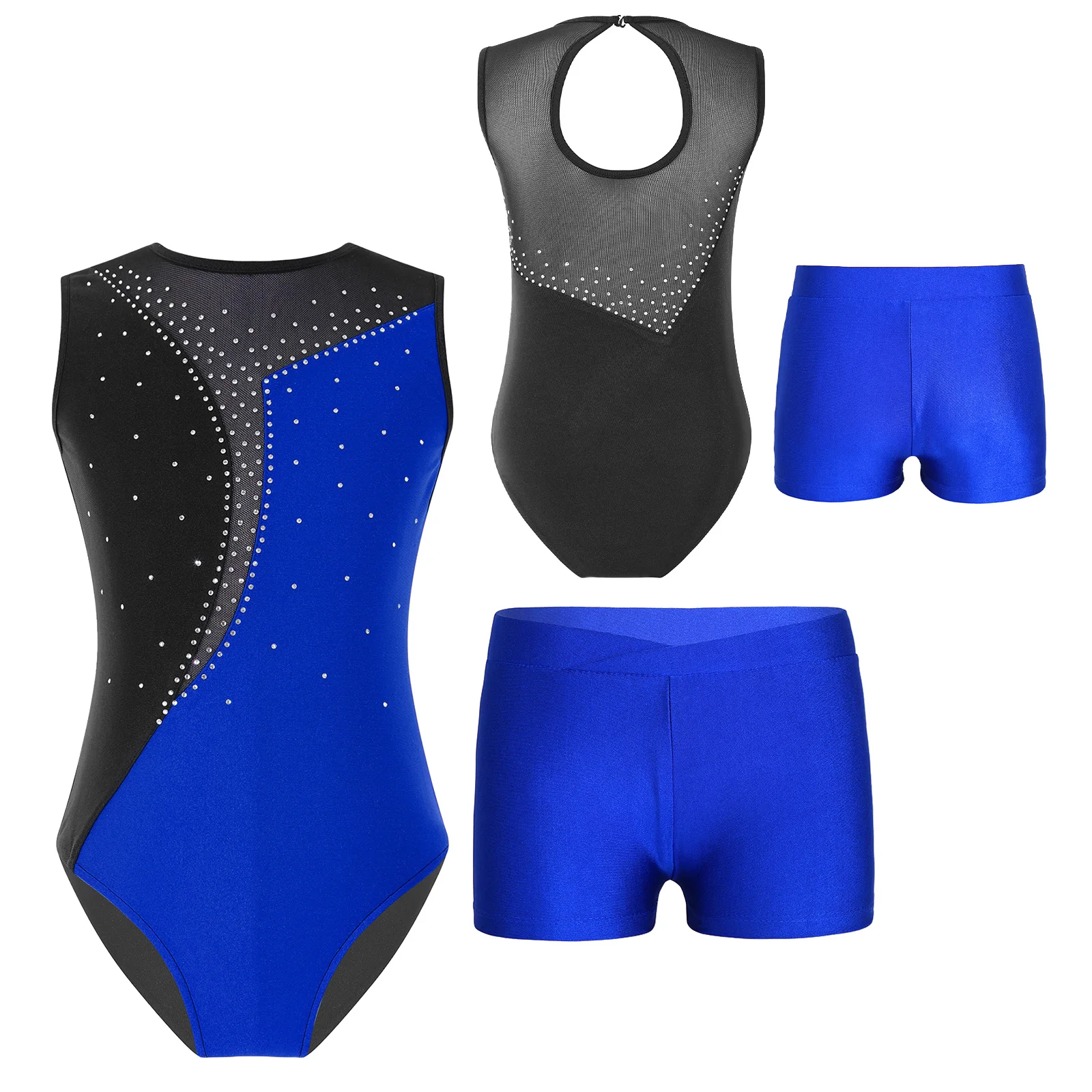 

Kids Girls Ballet Dance Leotard Sleeveless Shiny Rhinestones Contrast Color Patchwork Bodysuit+Shorts Set for Gymnastics Workout