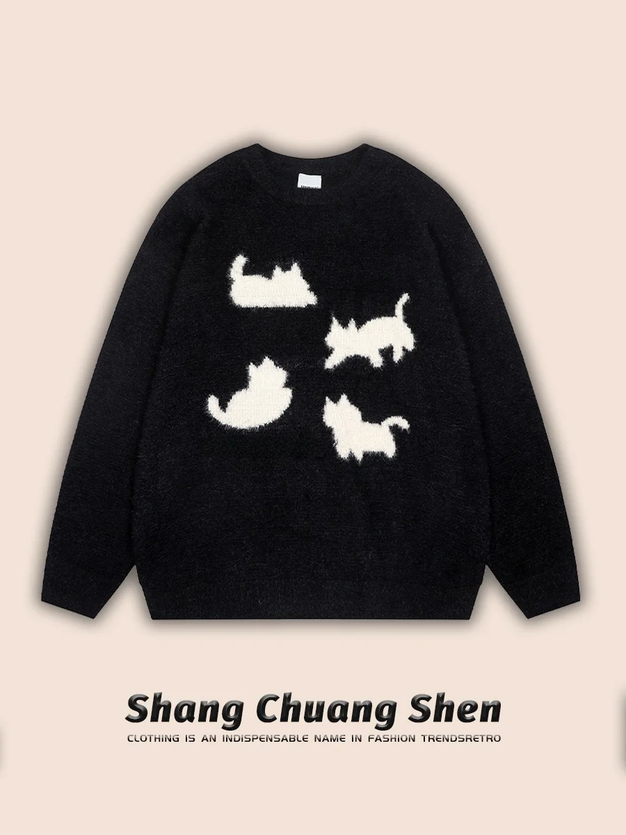 Американский винтажный жаккардовый свитер с рисунком котенка женский