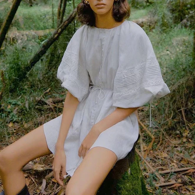 

Hollow Out Women White Linen mini Dress Lace Embroidery Lantern Sleeve lady Short robe