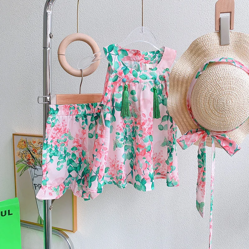 

2022 New Summer Clothes Sets Sleeveless Floral Ruffles Pink Hat Cute 2 Piece Sets Designer Boys Clothes Sets 9M-4T