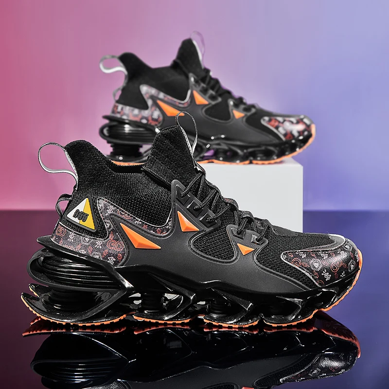 

Men Jogging Shoes High-Quality Breathable Shark Blade Running Socks Shoe Flying Woven Shock-Absorbing Soft Outsole Male Footwear