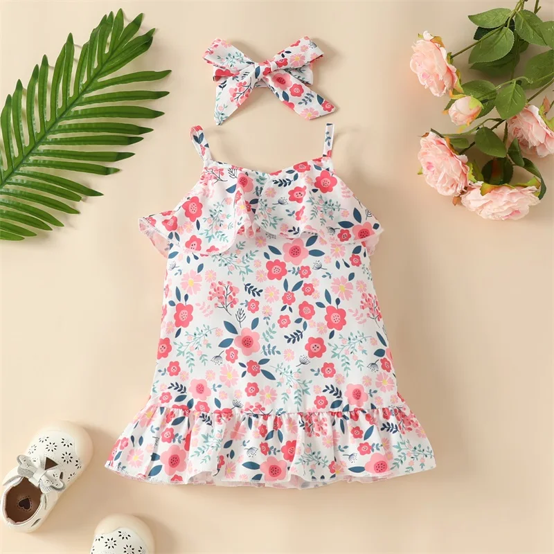 

Baby Girl 2Pcs Summer Dress Sleeveless Floral Print Ruffle Dress + Headband Set