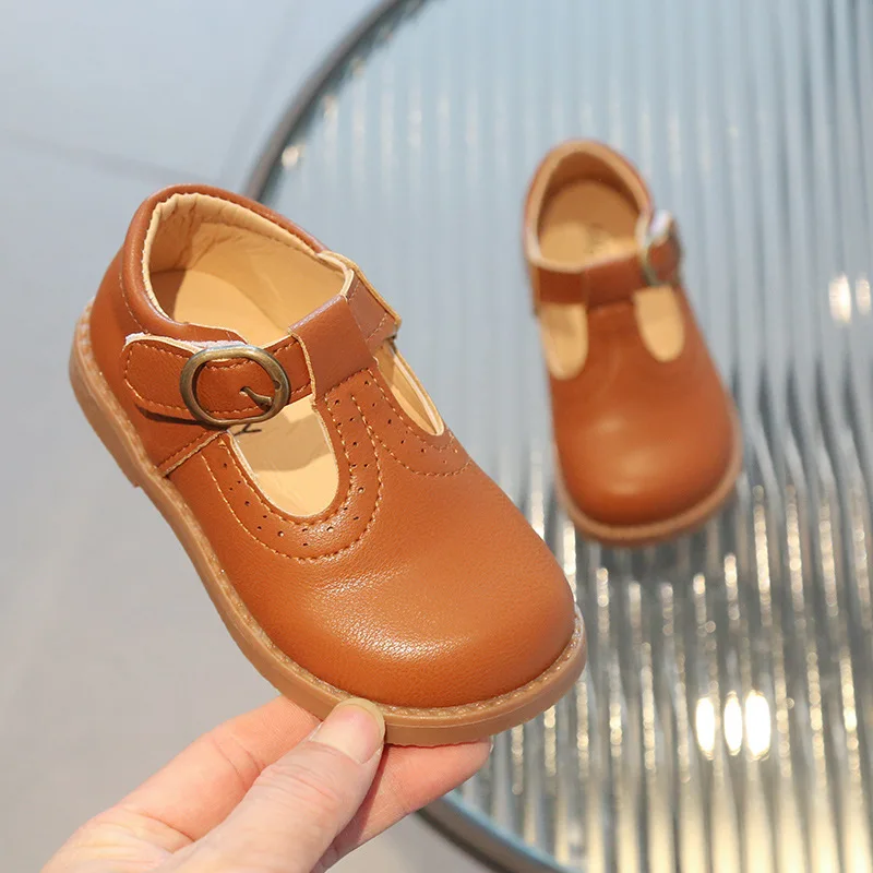 2023 New Kids T-Strap Hook & Loop Casual Shoes For Girls Leather Shoes 1-6 Years Children Boys Fashion Flats Size 21-30