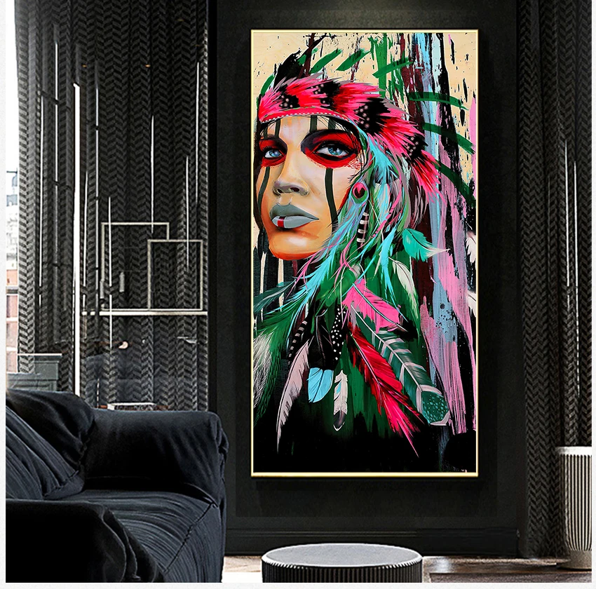 

Indian Woman With Feather Posters And Prints For Living Room Wall Decor Pop Art Indian Girl Canvas Art Wall Paintings Watercolor