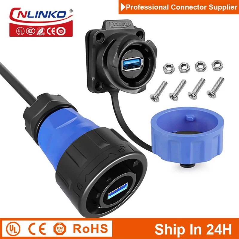 

Cnlinko YM24 IP67 Waterproof M24 Plastic USB3.0 with 0.5M Cable Wire Data Connector Plug Socket for Computer Laptop Automation