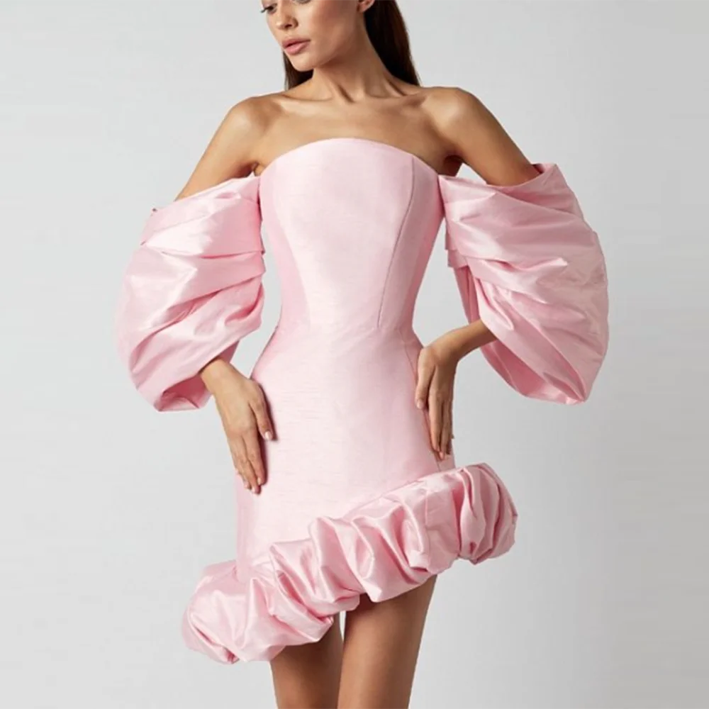 

2023 Women's Pink Sexy Off Shoulder Asymmetric Bubble Sleeve Mini Dress with Ruffle Edge Elegant Celebrity Party Dress
