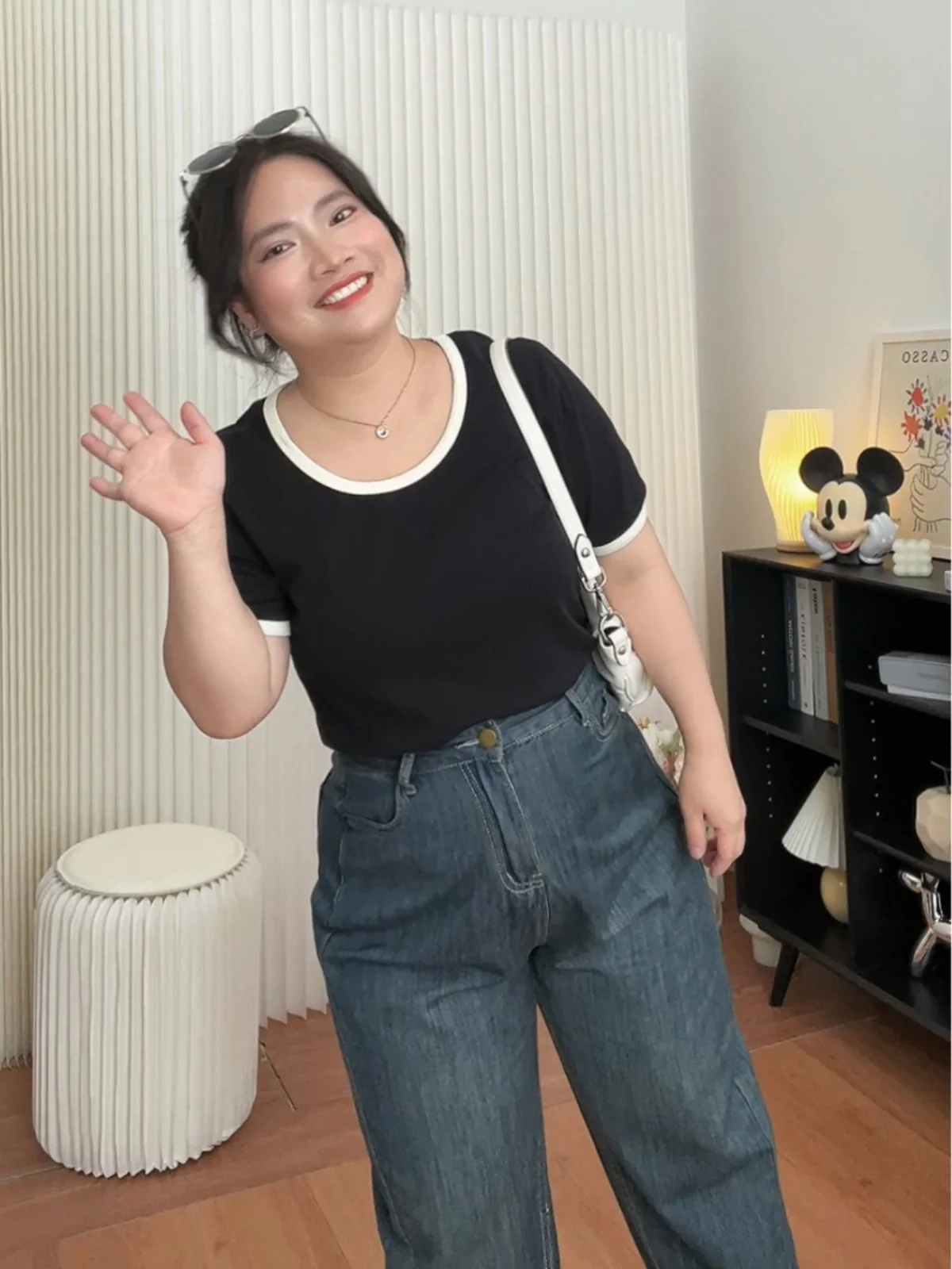 Shoulder Contrast Color U Collar Short sleeve T-shirt High Elastic Small Man Women Summer 2024 Slimming Plus size Top Chubby ...