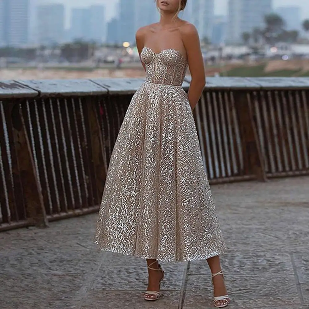 

Dreamy Evening Party Dress Prom Formal Dress Sparkling Sleeveless Low Cut All-match Paillette Design Formal Dress for Banquet