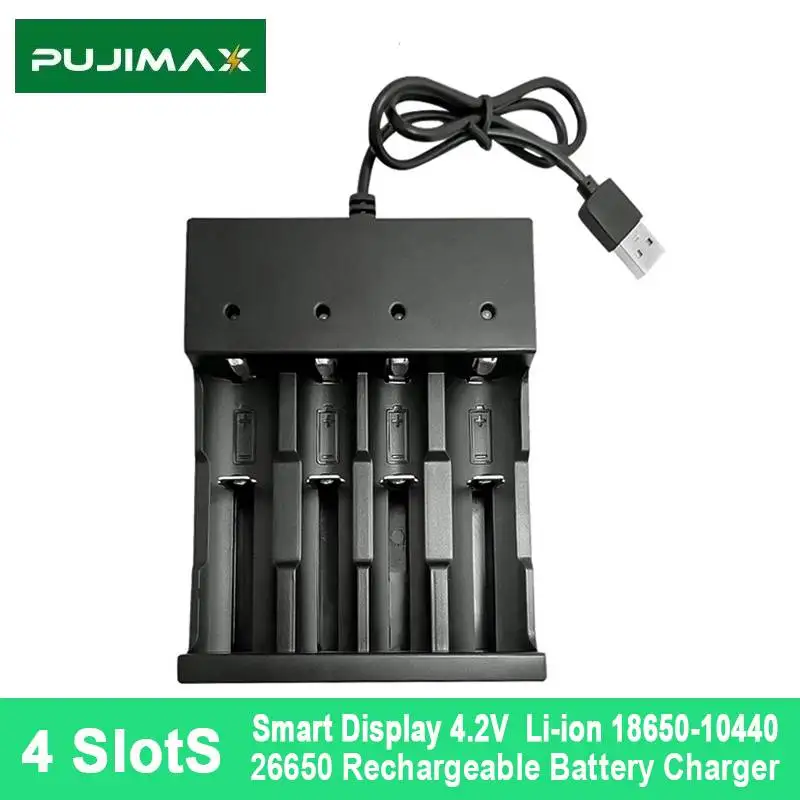 

PUJIMAX 4 Slots 18650 Li-ion Rechargeable Battery Charger with USB Plug 18650 6650 21700 14500 26500 26700 Batteries Accessories