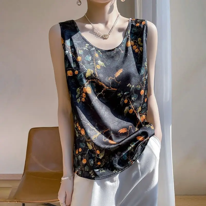

Spring/Summer New Ladies Silk Round Neck Ethnic Style Sexy Korean Fashion Print Camisole Chic Silky Retro Breathable Quality