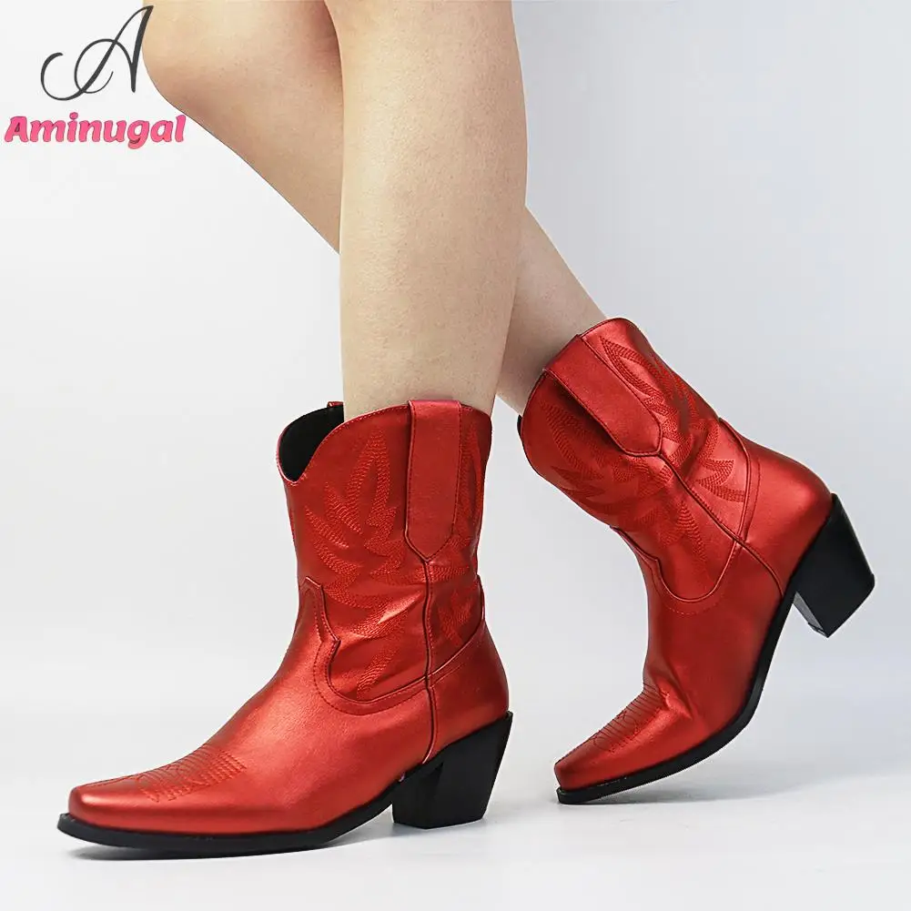 

Cowboy Western Boots 2023 Brand New Shiny Metallic Embroidery Pointed Toe Ankle Boots Fashion Cool Women Shoes Walking Comfy