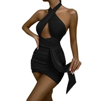 black cross halter ruched womens dress 2022 summer hollow out backless sexy dress club party nightwear
