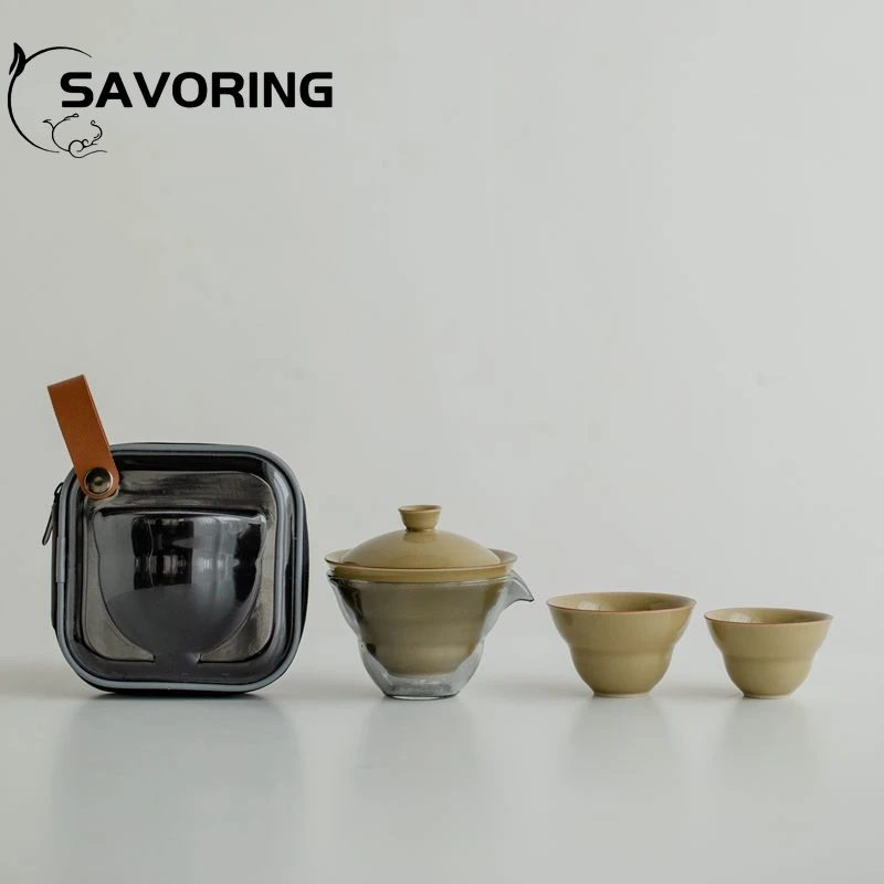 

Jingdezhen Ding Ware Yellow Transparent Bag Travel Tea Set Quick Cup Ceramic Handmade Retro Kung Fu Tea Teaware One Pot Two Cups