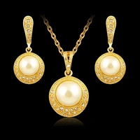 le wedding faux pearls gold color chain necklace hollow earring jewelry set for women