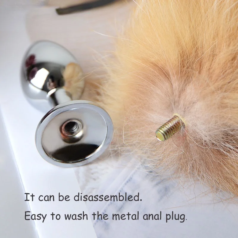 Анальная пробка со съемным натуральным лисьим хвостом гладкая металлическая