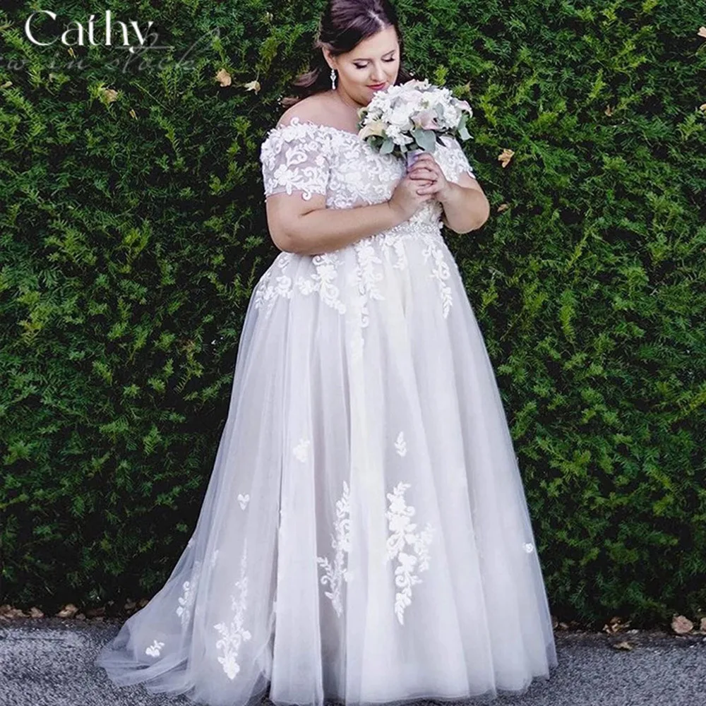 

Plus Size A-line Wedding Dresses For Women Bride 2022 Grace Lace Embroidery A-line Vestidos De Novia Short Sleeve Wedding Dress