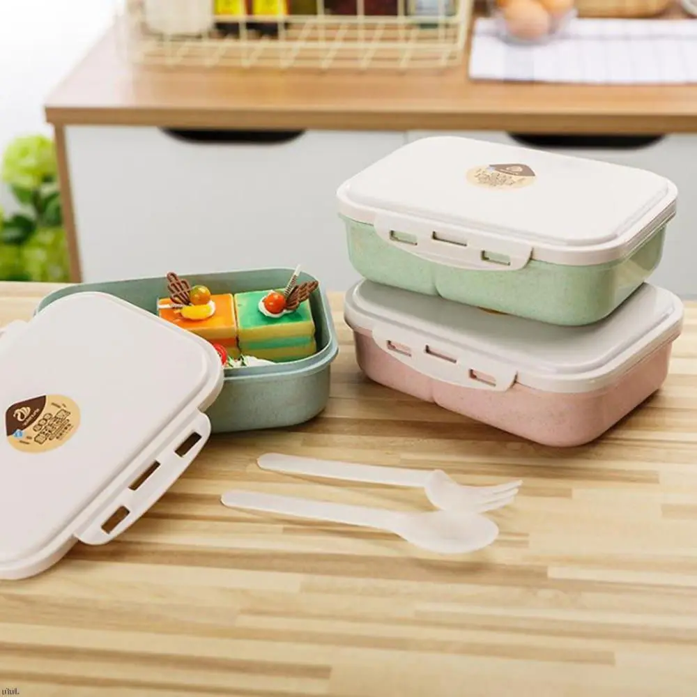 

2022 Wheat Straw Lunch Box for Kids Japanese Microwave Bento Box with Fork Spoon Food Storage Container for Student Office Staff