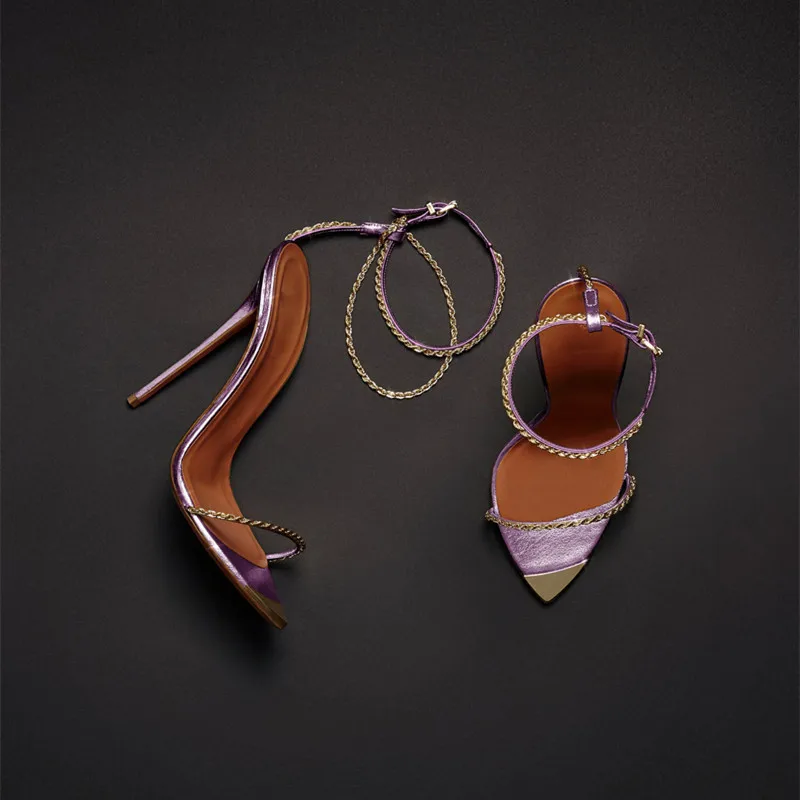 

Summer Simple Chains Strappy Cutout Sandals Open Metal Pointed Toe Woman fine Chains Strap Thin High Heels Banquet Dress Shoes