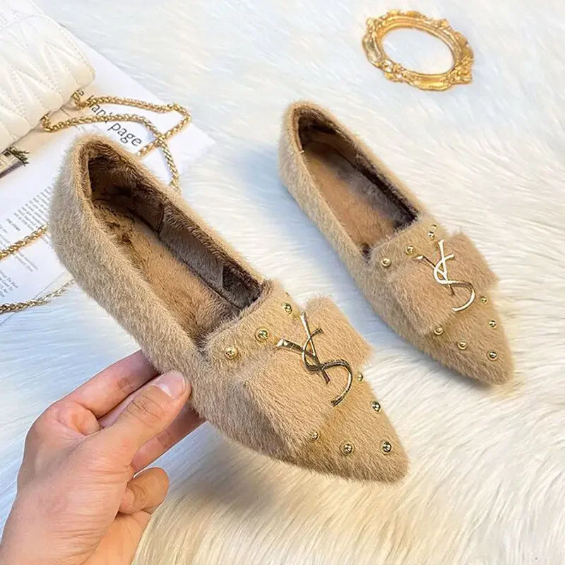 

Новинка 2023, женские теплые туфли SLTNX на плоской подошве с толстыми норковыми волосами, Корейская версия хлопковых туфель Джокера Мао