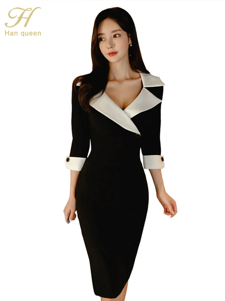 H Han Queen Women New Notched Neck Black Sheath Pencil Dress Fashion Slim Sexy OL Work Bodycon Dresses Office Business Vestidos images - 6
