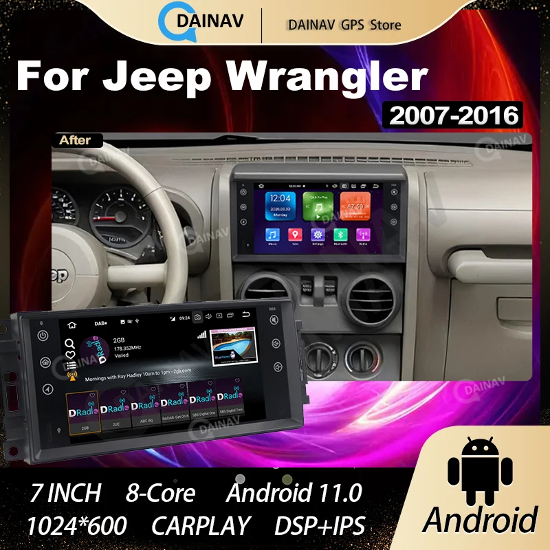 

7" Carplay Android 11.0 Octa-Core Car Radio Stereo Multimedia Video Player GPS 2.0 GHz CPU For Jeep Wrangler 2007-2016 2 Din