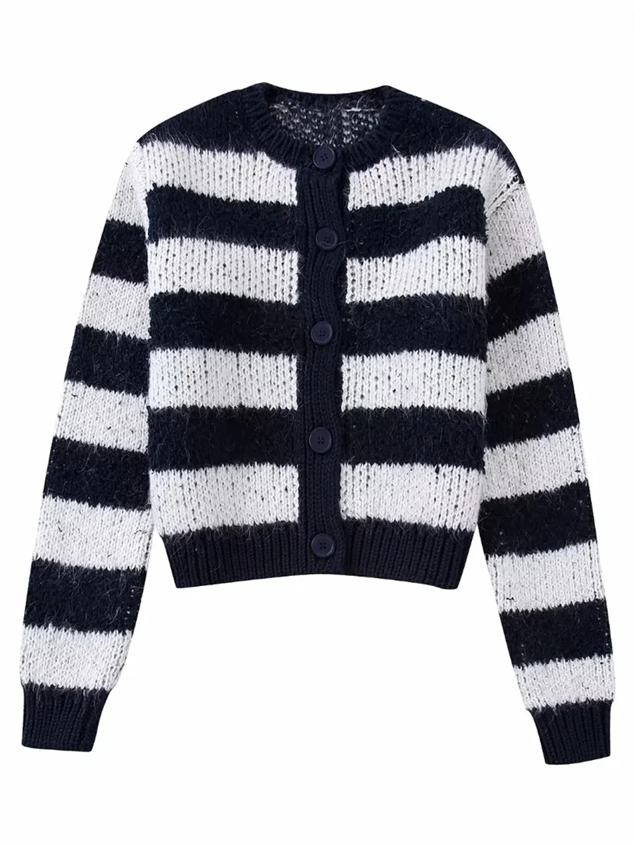 

Women Fashion Striped Knitted Slim Open Stitch Cropped Outerwear 2022 New Full Sleeves O-Neck Casual Female Sweater