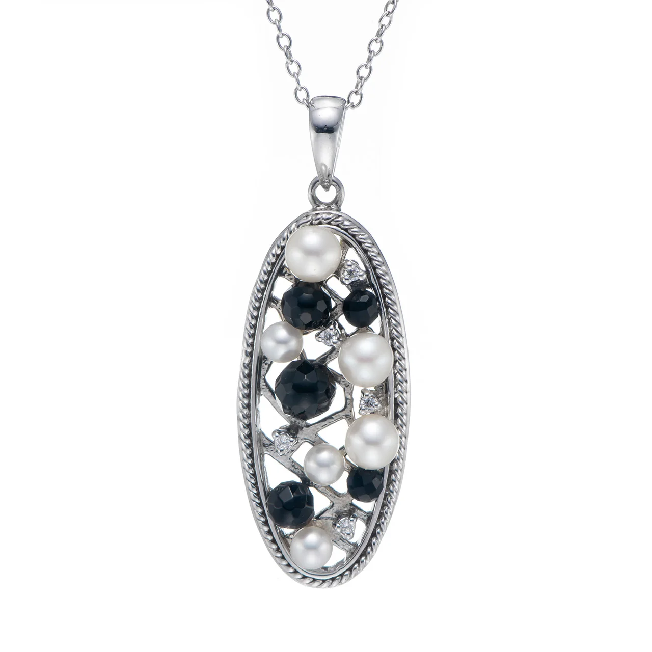 

Freshwater Pearl and Black Agate Rhodium Over Sterling Silver Pendant with Chain