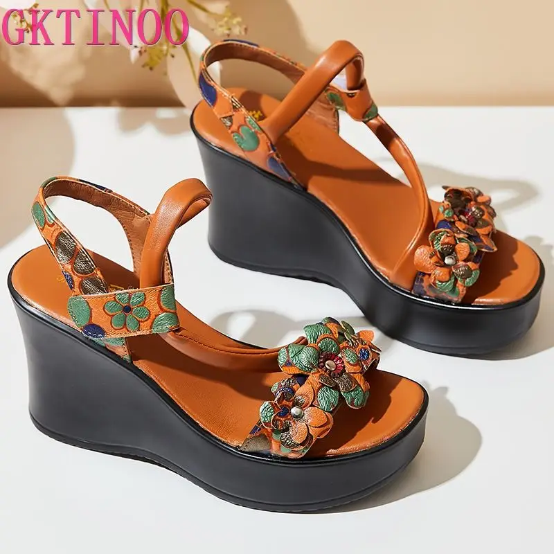 

GKTINOO High Heels Sandals Genuine Leather Women Shoes 2023 New Summer Hook & Loop Wedges Casual Flower Platform Ladies Sandals