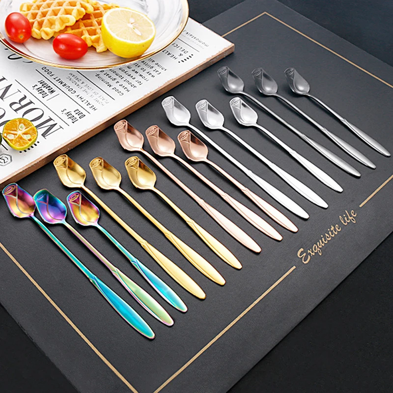 

1Pc Long Handle Teaspoon Creative Stainless Steel Rose Mixing Spoon Teaspoons for Dessert Honey Salad Tea Coffee Spoons Gifts